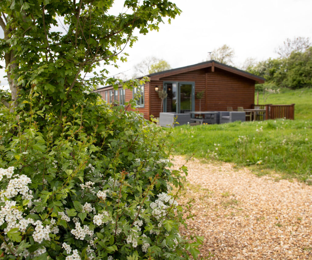 External photo of Welland Valley Lodge through hedgerow